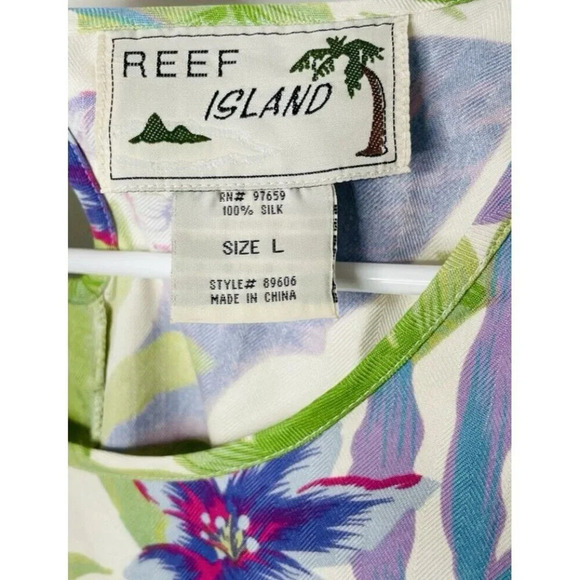 Vtg Reef Island Silk Dress L Hawaiian Floral Palm Straight Midi Side Slit Resort - Picture 4 of 13